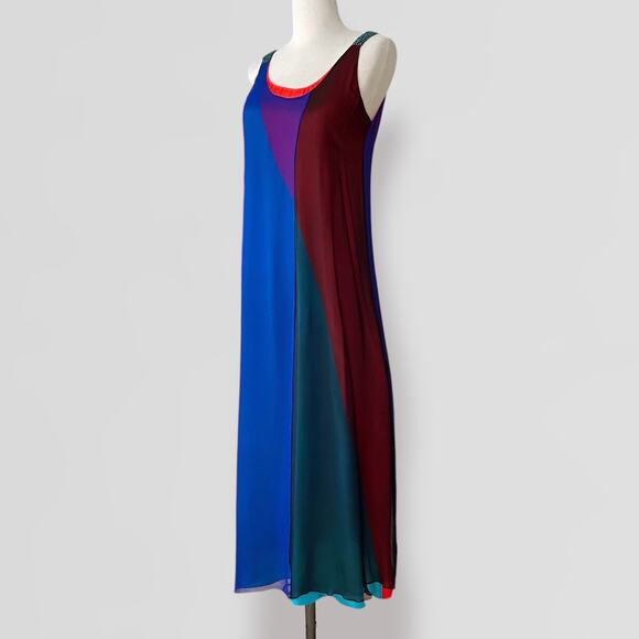 Nachiket Barve 100% Silk Maxi Dress Bauhaus MCM Gown Wedding Blue Maroon Green - Picture 10 of 10